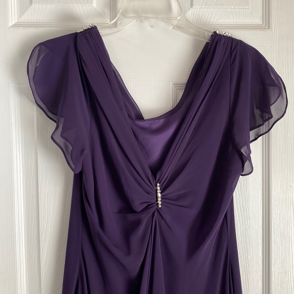 Purple flutter sleeve midi formal dress with pretty details